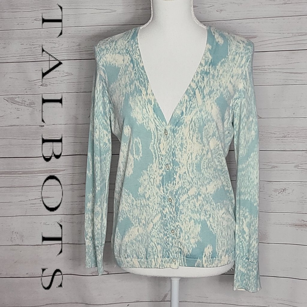 Talbots Blue Cream Button Front Light Weight Long Sleeve Cardigan